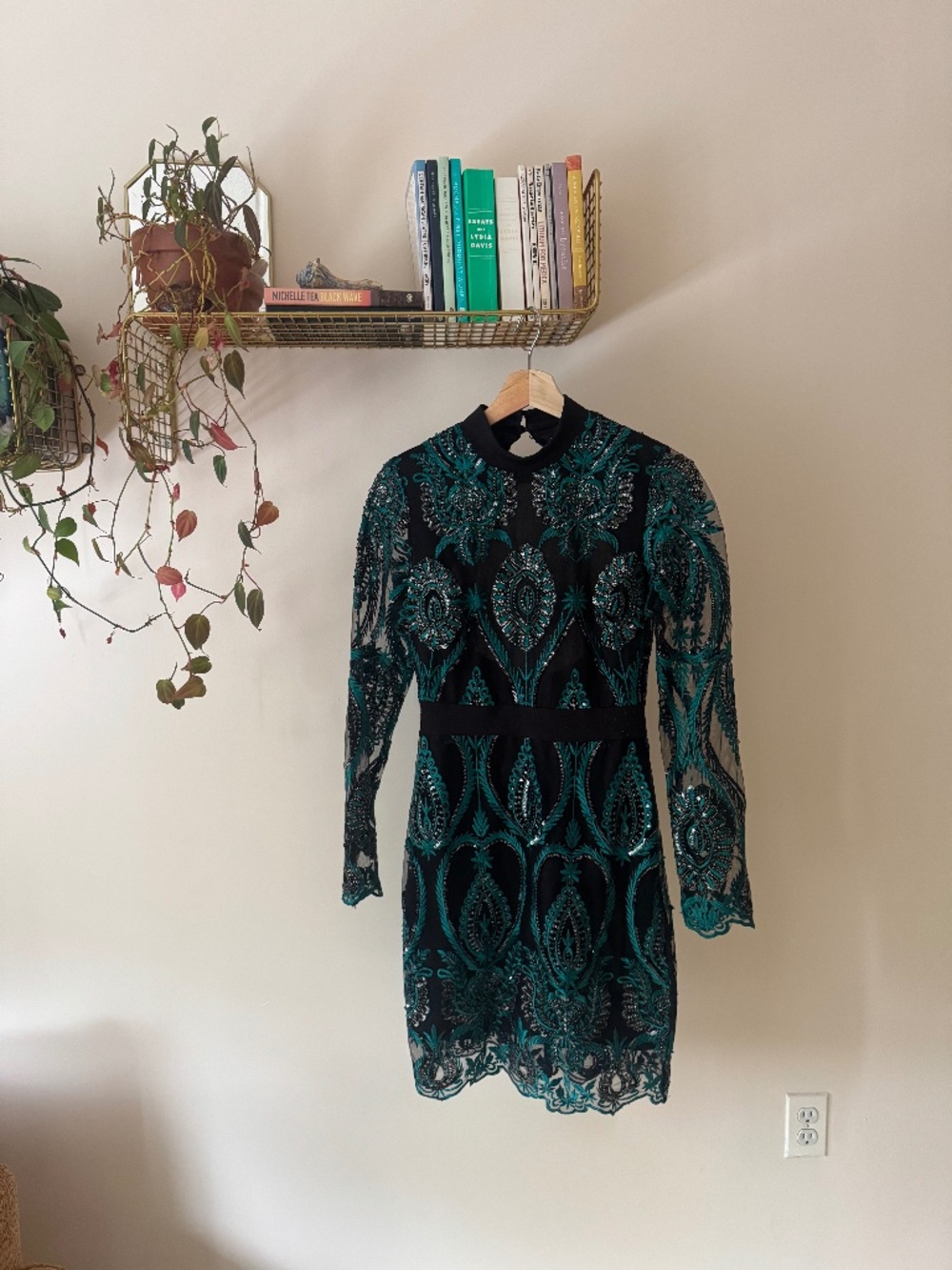 Open-Back Teal & Black Embroidered Sequin Lace Dress